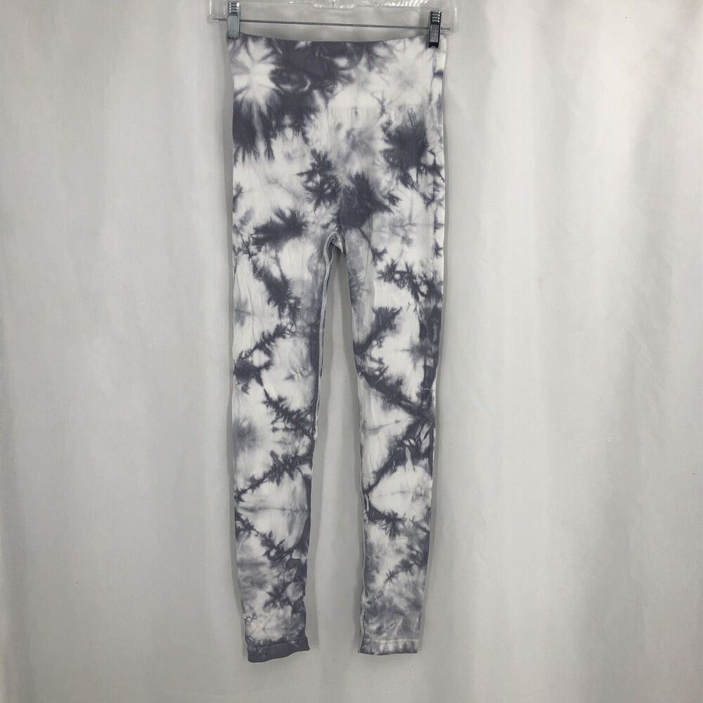 Love Tree Gray White Tie Dye Ribbed Stretch Leggings Wide High Waist Medium